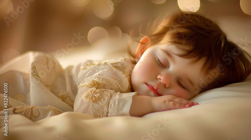 A baby is sleeping in a white dress