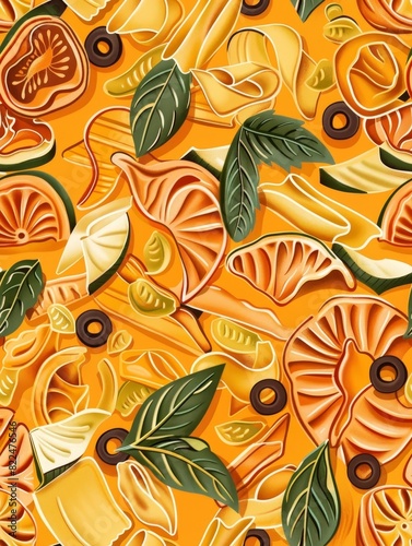 This seamless pasta pattern graphic wallpaper is perfect for restaurant advertisements and promotions  featuring an appetizing array of Italian cuisine that is sure to entice customers and evoke a