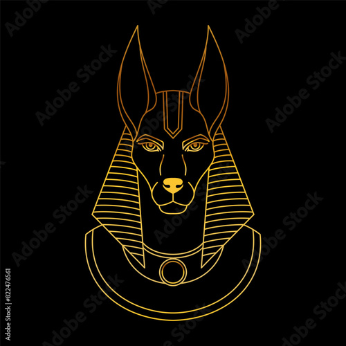 Anubis the god of ancient Egypt. Line art golden icon on black background.