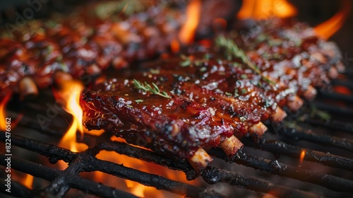 bbq pork ribs cooking on flaming grill