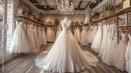 Beautiful elegant wedding dress on mannequin in bridal shop boutique salon © Pravinrus