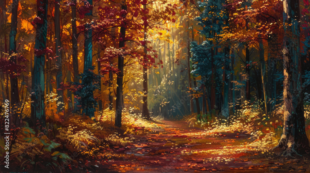 A painting of a forest with autumn leaves on the ground A painting of a forest with autumn leaves on the ground