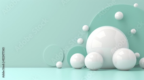  A group of white balls sits on a blue-green surface with a light green background  featuring a few white balls