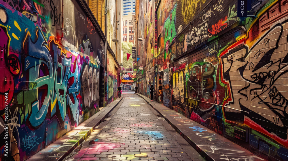 A graffiti covered alleyway with a colorful mural on the wall A graffiti covered alleyway with a colorful mural on the wall