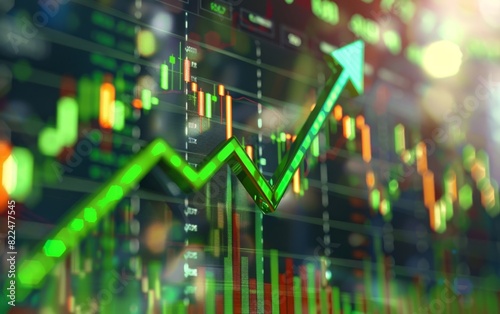 A green arrow ascends on a blurry digital stock market display.