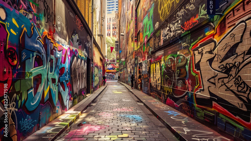 A graffiti covered alleyway with a colorful mural on the wall photo