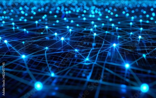 A vast network of interconnected glowing blue nodes on a dark background.