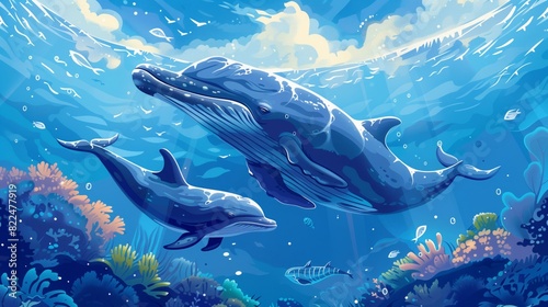 Painting of two dolphins gracefully swimming underwater