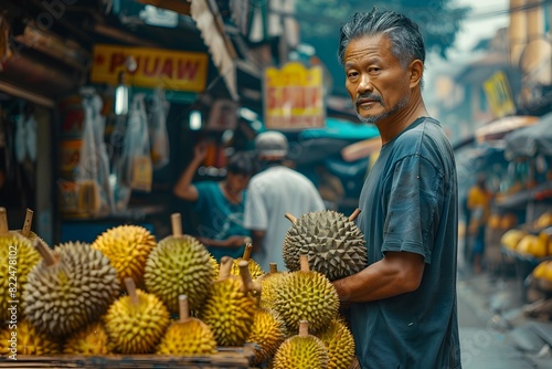 Early Morning Delight Fresh Durian Awaits at the Asian Market Stall