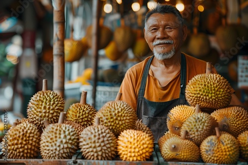 Exotic Durian Delights A Cheerful Southeast Asian Man Showcases His Massive Collection of Fresh Durians for Sale