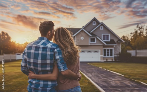 Couple looking towards a new house at sunset in a suburban area.