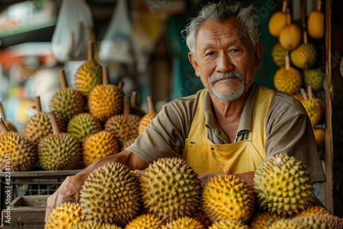 Exotic Durian Delight A Wealth of Massive Fruits on Display at an Asian Market Stand