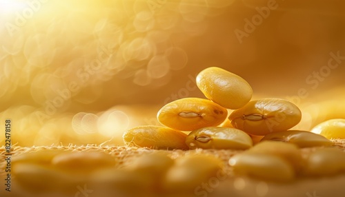 Close-up view of golden beans in warm sunlight, showcasing natural texture and detail. Ideal for food, agriculture, and healthy eating themes.