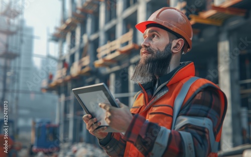 Bearded construction worker with tablet at a busy site.