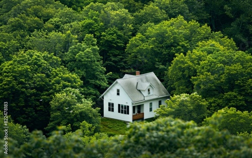 Cozy white house nestled among lush green trees. © Mark