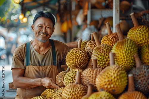 Asian Man Showcasing Massive Durian Fruits for Sale at Vibrant Outdoor Market