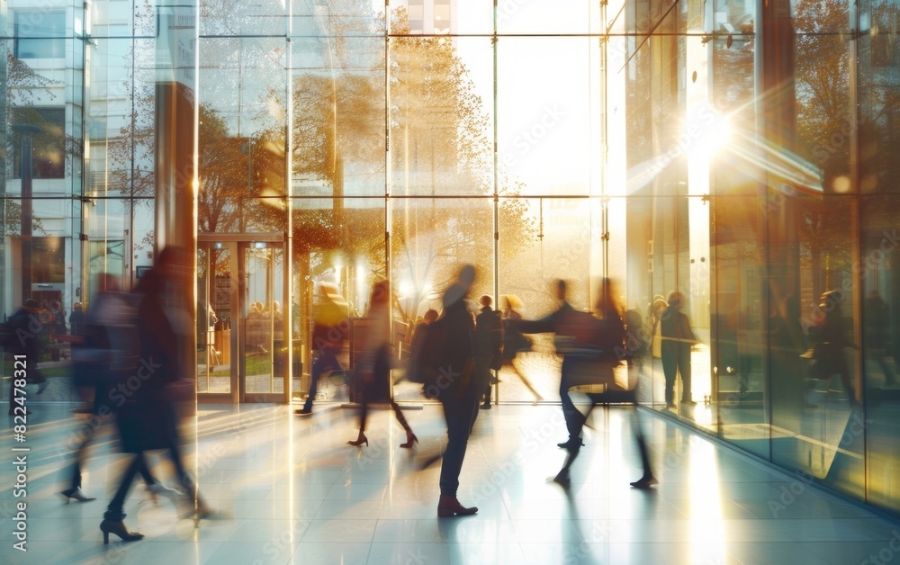 Blurred figures bustling through a sunlit, modern glass building.