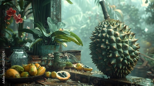 Durian Fruits Dramatic MosaicLike Green Skin in a Moody Atmosphere