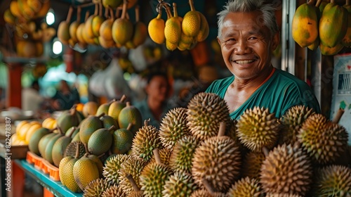 Vibrant Durian Vendor Thriving in Local Market Stall