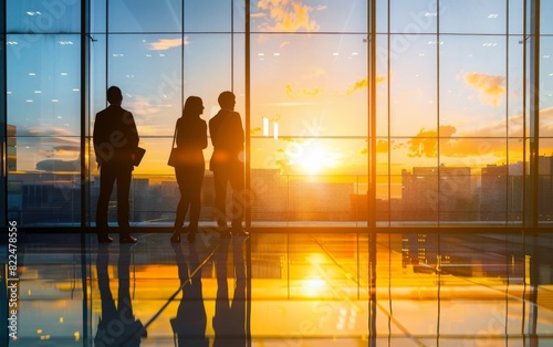 Business professionals discuss in a modern office at sunset.