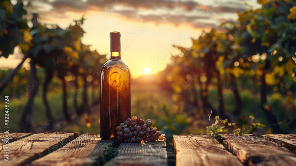 A bottle of red wine and a bunch of grapes on a wooden table in a vineyard at sunset. A bottle of red wine and a bunch of grapes on a wooden table in a vineyard at sunset.