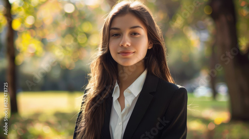 A woman in a business suit is smiling for the camera