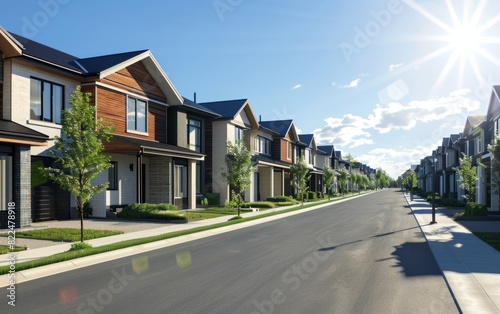 Row of modern suburban houses on a sunny day.