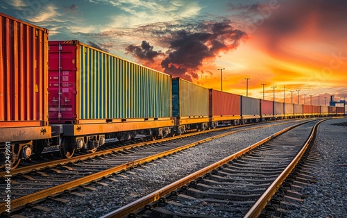 Freight train amidst colorful containers under a sunset sky.