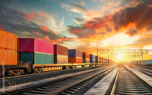 Freight train amidst colorful containers under a sunset sky.