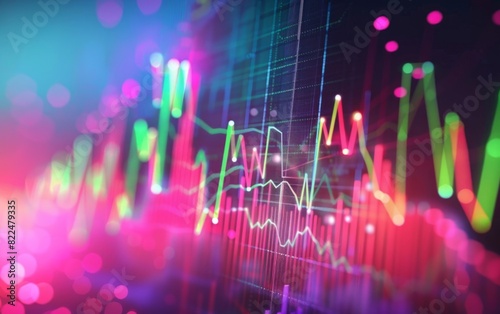Colorful stock market chart displays with dynamic lines and glowing bars.