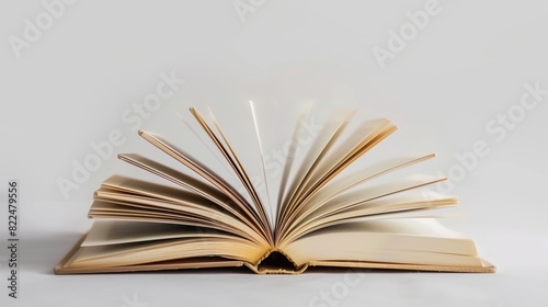 Open book with splayed pages creating a sense of storytelling and adventure on a clean white background
