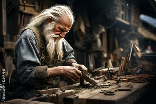 Focused, bearded elderly man skillfully carves wood in a rustic workshop