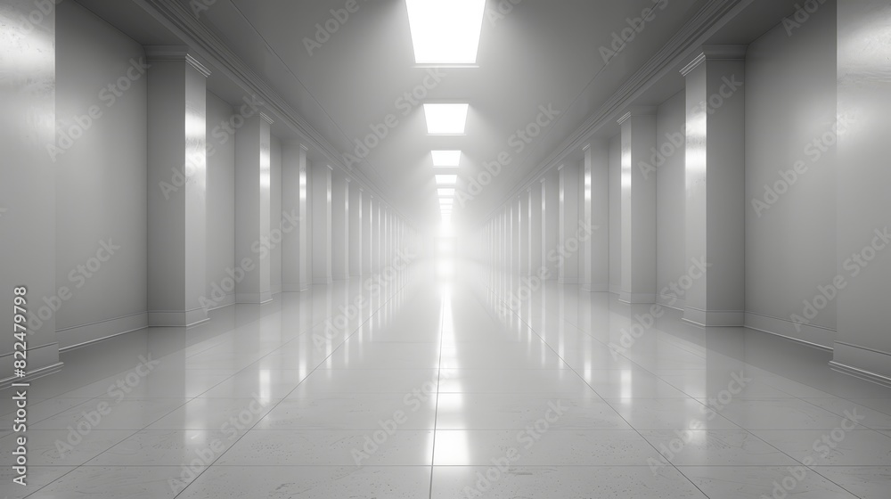  A black-and-white image of a lengthy hallway Light enters from the end At the hallway's terminus, light appears