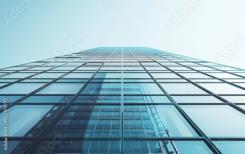 Low-angle view of modern glass skyscraper under a clear sky.