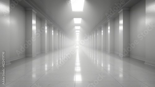 A black-and-white image of a lengthy hallway Light enters from the end At the hallway's terminus, light appears