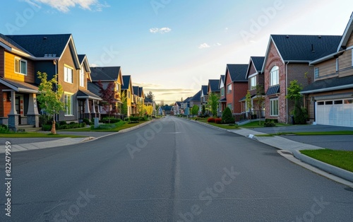 Suburban street lined with modern, neat single-family homes under a clear sky.