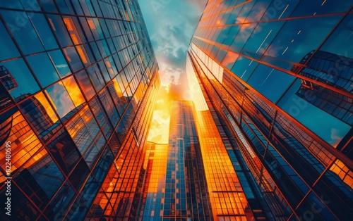 Sunset glows between towering glass skyscrapers  casting reflections and shadows.