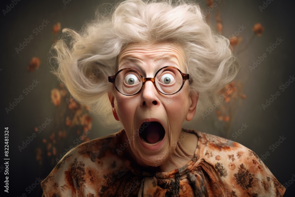 Amazed elderly woman with wide eyes and hair blown by autumn wind Amazed elderly woman with wide eyes and hair blown by autumn wind
