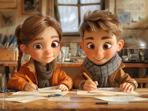 Cartoon kids writing thank-you notes to veterans, 3D close-up, clean and cheerful