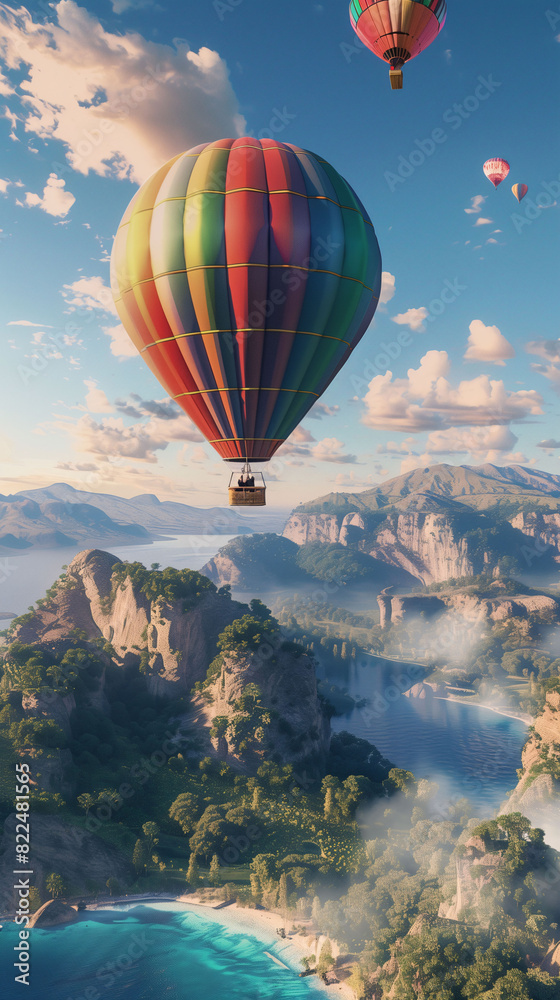 Colorful Hot Air Balloons Gliding Over a Coastal Landscape with Clear Blue Skies