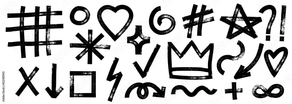Collection of charcoal graffiti doodle punk and girly shapes. Bold marker brush drawn various doodle elements for templates and collages. Punk and grunge style.