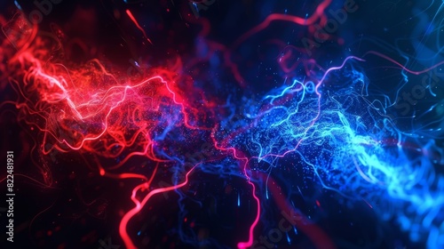 Electric blue and vibrant red streams intertwine in a fierce dance of energy displaying the chaotic nature of antimatter. photo