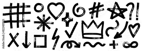Collection of charcoal graffiti doodle punk and girly shapes. Bold marker brush drawn various doodle elements for templates and collages. Punk and grunge style.