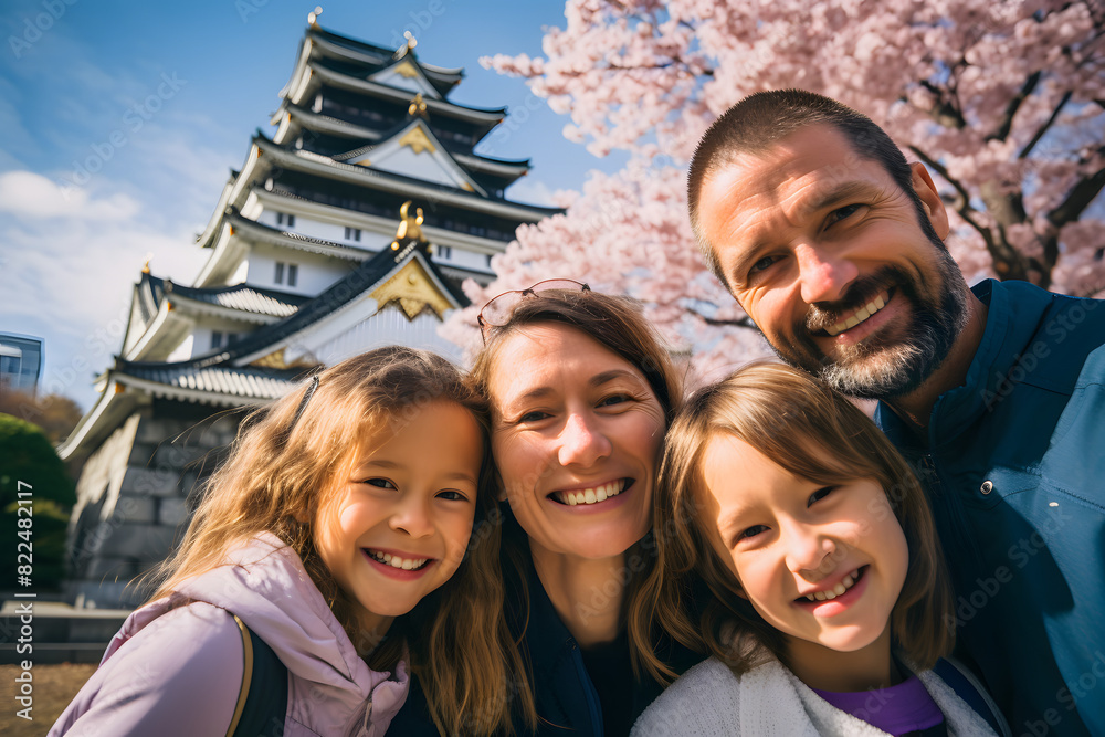 Fototapeta premium smiling Caucasian family in front of Osaka Castle, Japan, with the historic fortress and blooming cherry trees in the background Generative Ai,