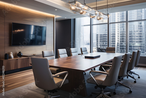 Stylish consultancy firm meeting room with a large conference table, high-end furnishings, and multimedia presentations.  Generative Ai,