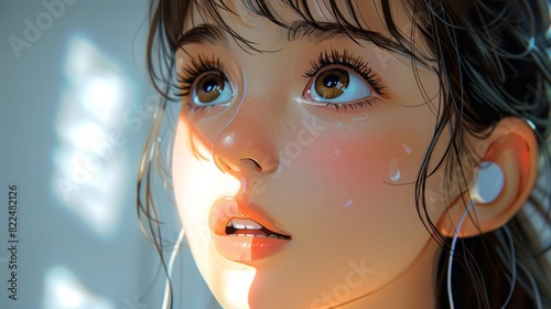 Detailed close-up of a personâ€™s ear, emphasizing the sensation of soft, soothing sounds, in a cartoon style