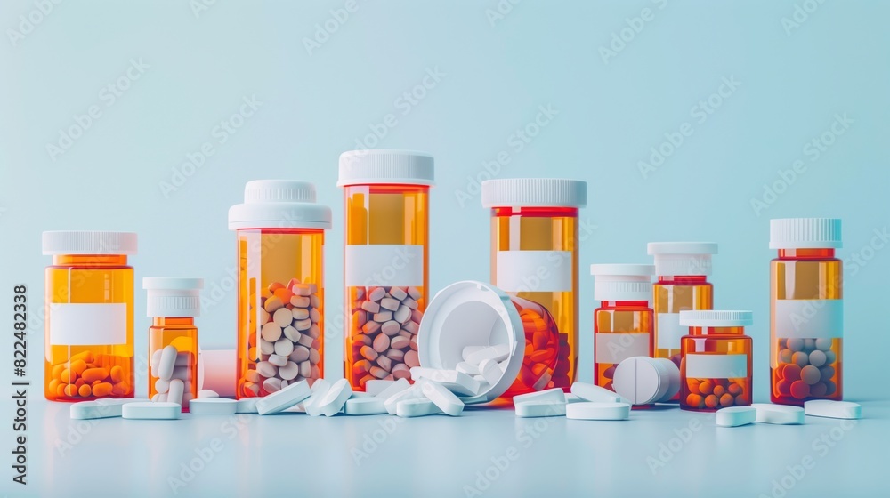 Prescription bottles, some open with spilled pills, highlight the need for proper medication management.