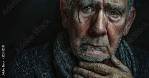 A man with a scarf around his neck and a sad expression on his face