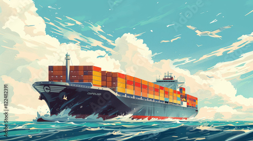 A large cargo ship is sailing through the ocean
