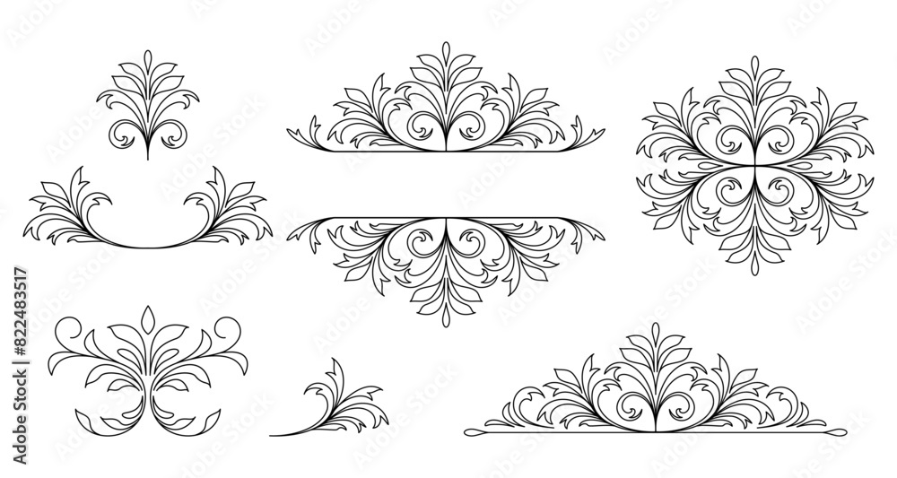 Set of floral dividers and floral vignettes in line art style on white background. Set of floral dividers and floral vignettes in line art style on white background.